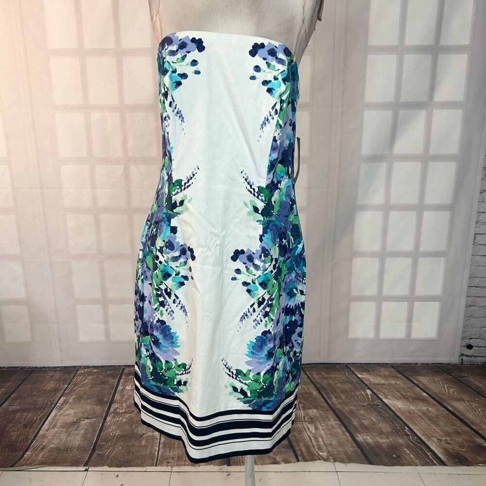 New York & Company Strapless White Blue and Green Floral Dress Size 14 NWT
